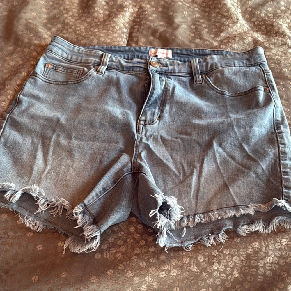 Blue Distressed Jean Shorts with Frayed Hem - Picture 1 of 6